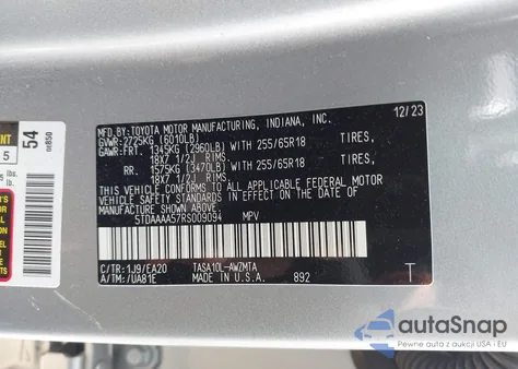 2024 Toyota Grand Highlander Xle z USA, uszkodzony, nr VIN 5TDAAAA57RS009094